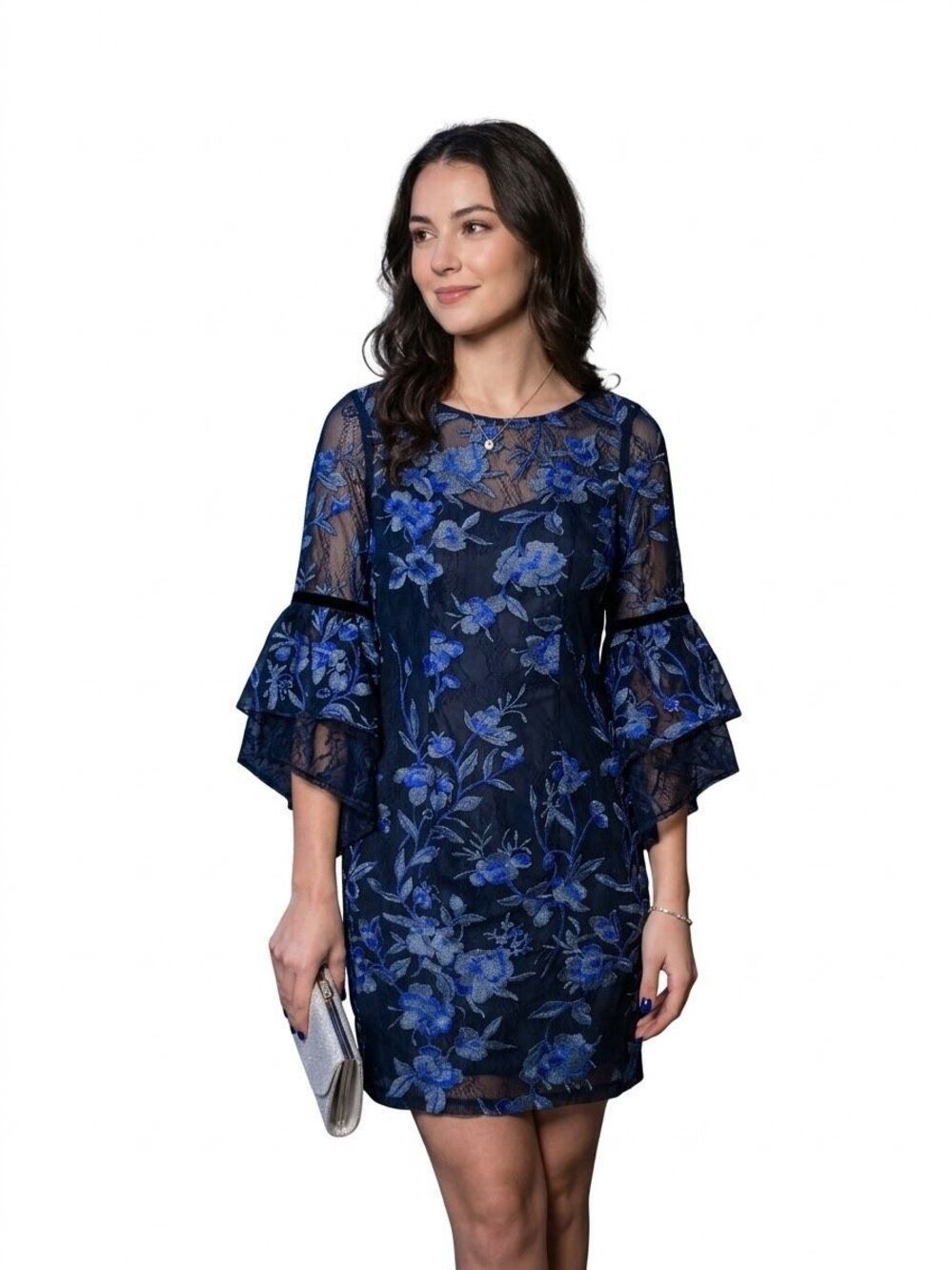 NWT Aidan Mattox Twilight Blue Embroidered Mesh Bell Sleeve Lace Mini Dress Sz 6